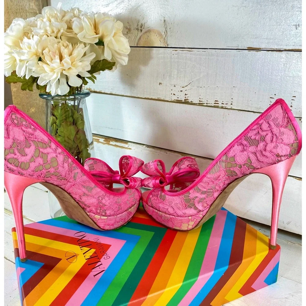 Valentino Garavani Hot Pink Lace Couture Bow Pumps